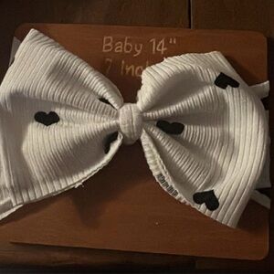 White Kids Bow Headband with Black Heart Print